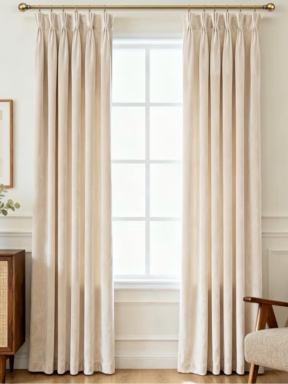 Cream Velvety Pinch-Pleat Curtains - 2 panels